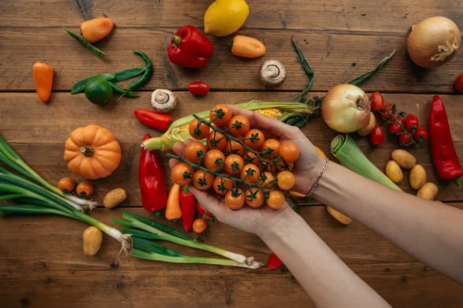 Top view of fresh cherry tomatoes held above an assortment of colorful vegetables on a wooden table.