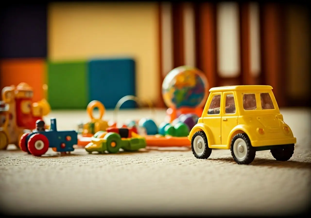 A colorful playroom filled with various baby toys scattered around. 35mm stock photo