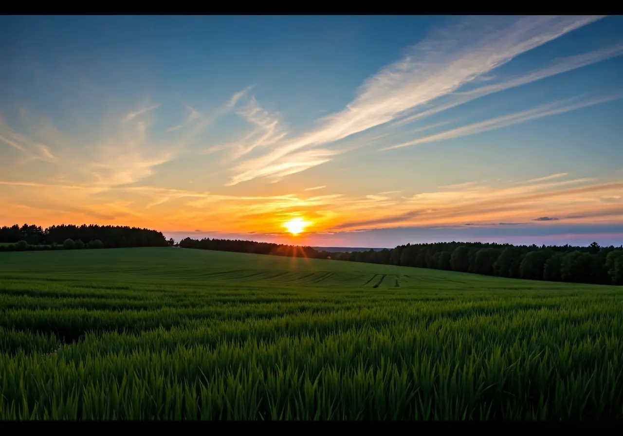 A serene landscape with calming nature scenery at sunset. 35mm stock photo