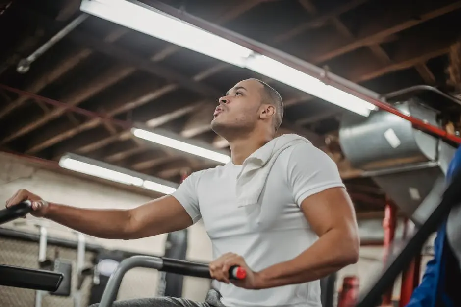 Focused man working out on a stationary bike in an indoor gym setting.