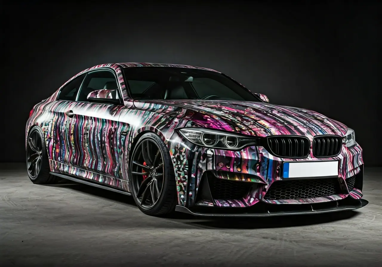 A close-up of a car with a vibrant custom wrap. 35mm stock photo
