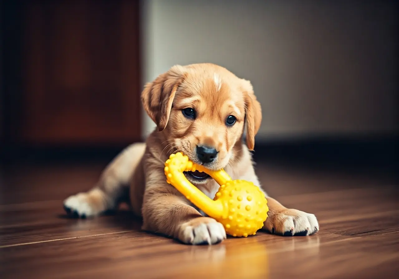 A puppy joyfully playing with a chew toy indoors. 35mm stock photo