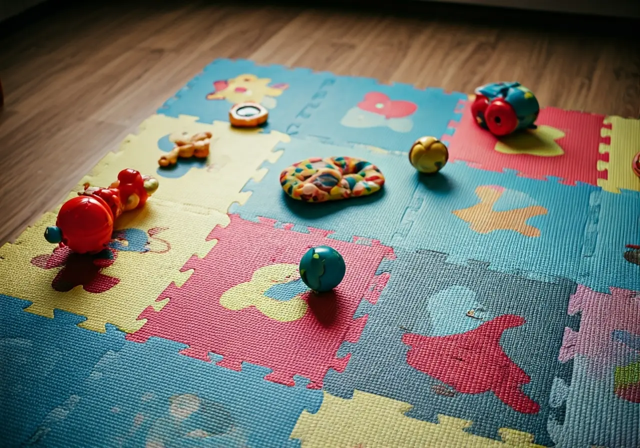 A colorful baby play mat with various toys scattered around. 35mm stock photo