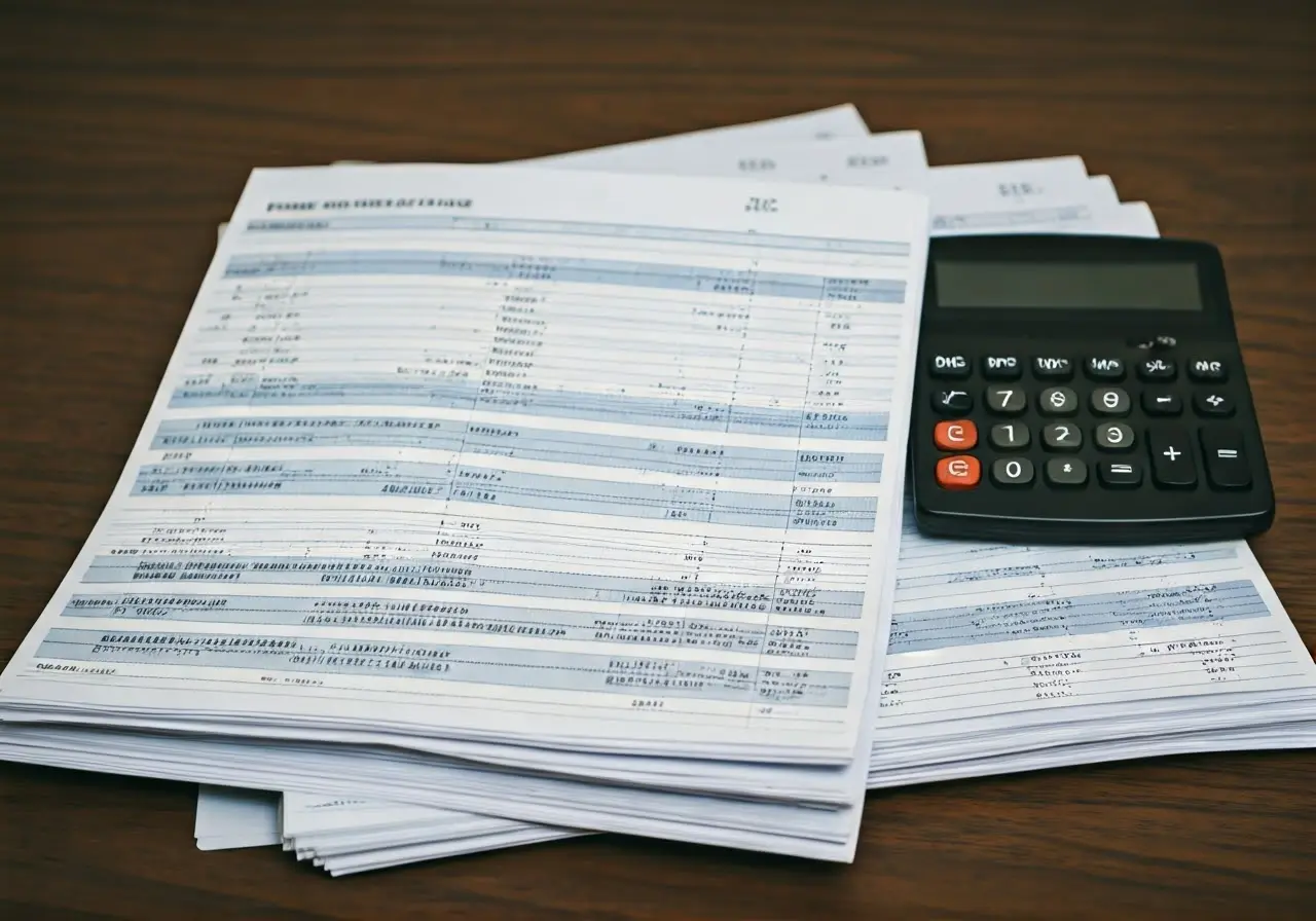 A pile of billing statements next to a calculator. 35mm stock photo