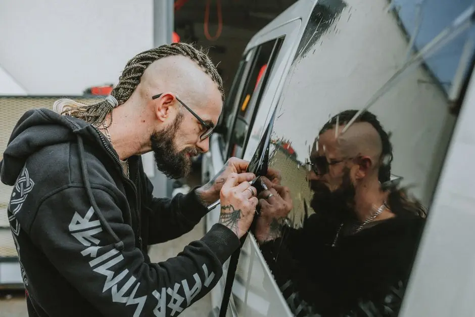 A man with dreadlocks applies tint to a vehicle window, focused and precise.