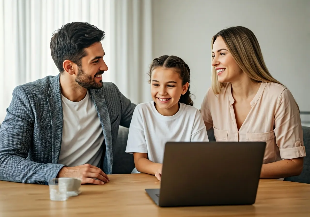 A family chatting over a video call on a laptop. 35mm stock photo