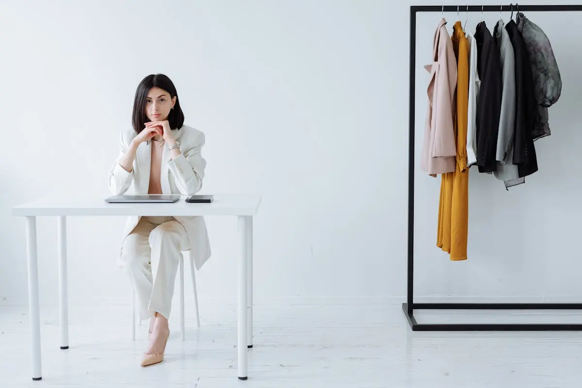 Modern businesswoman sitting at desk with clothing rack, embodying fashion and professionalism.