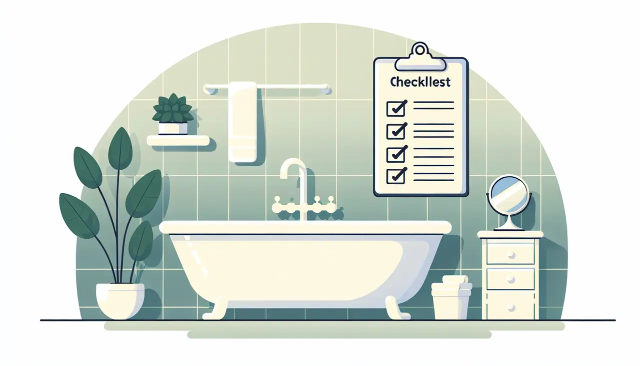 Draw a graphic in flat design style. A clean, minimalistic bathroom with a large bathtub, a potted plant, and a checklist on the wall in flat design style.