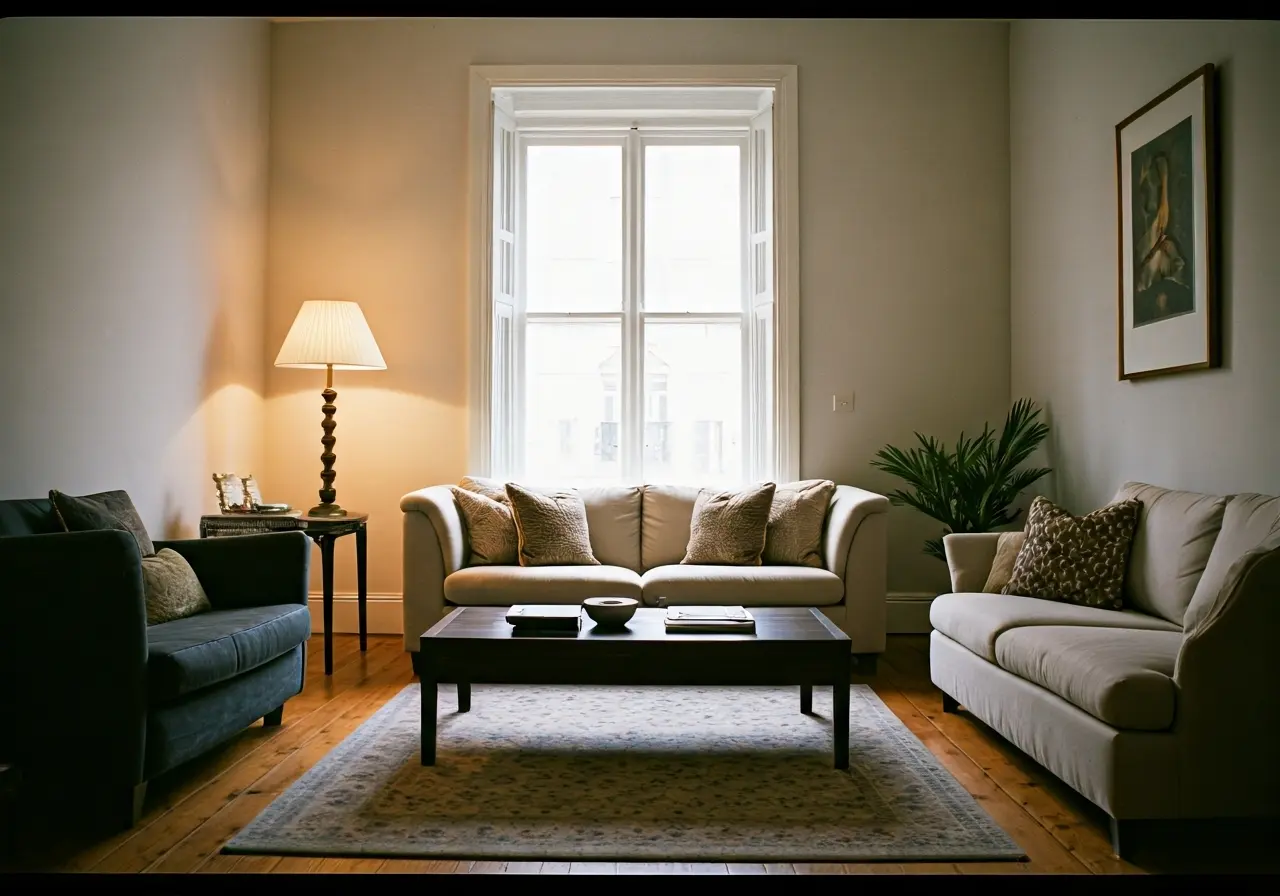 A serene living room with soft, comforting lighting. 35mm stock photo