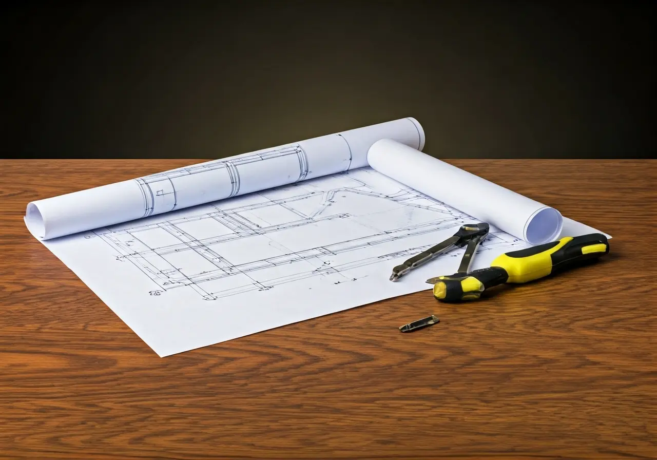 Blueprints and construction tools on a wooden table surface. 35mm stock photo