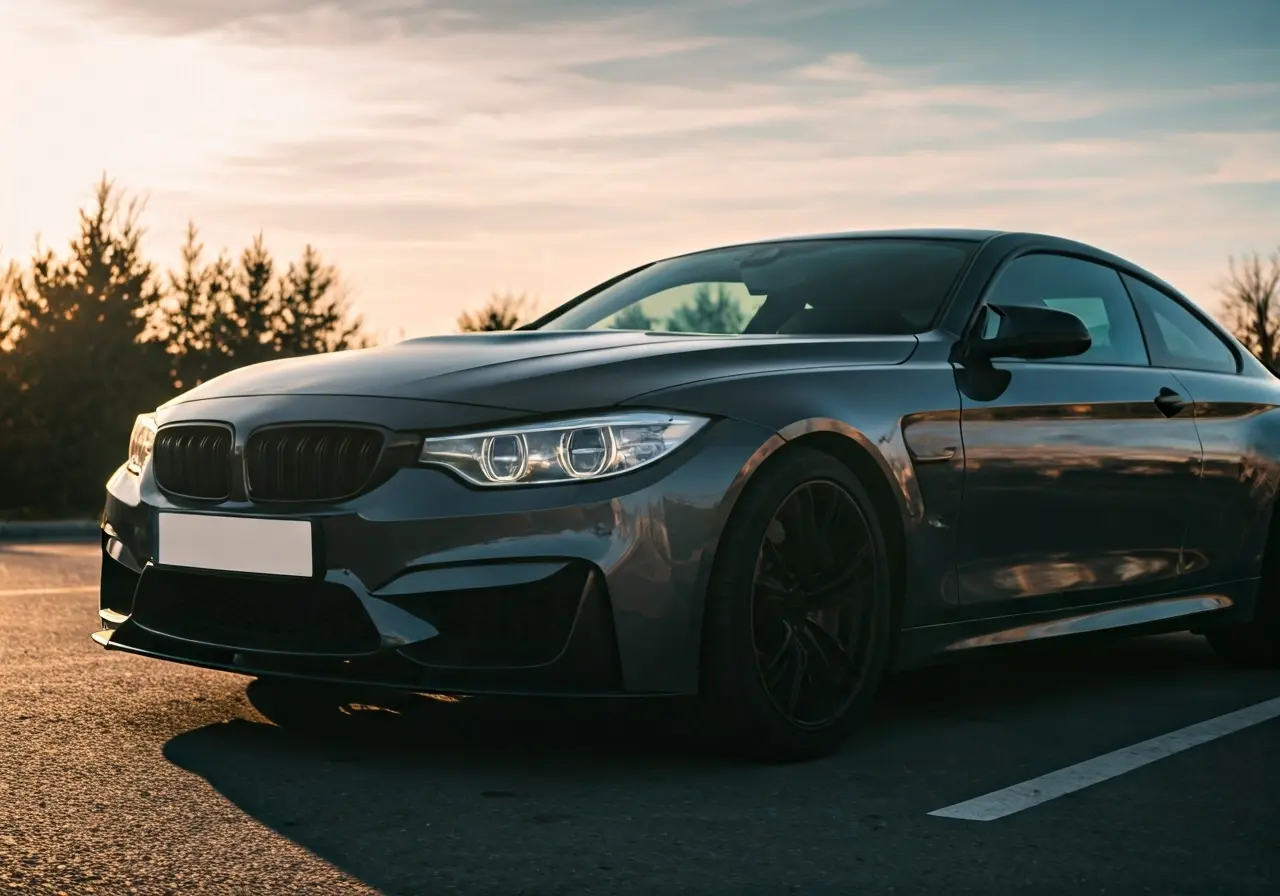A shiny car reflecting sunlight, parked on a clean street. 35mm stock photo