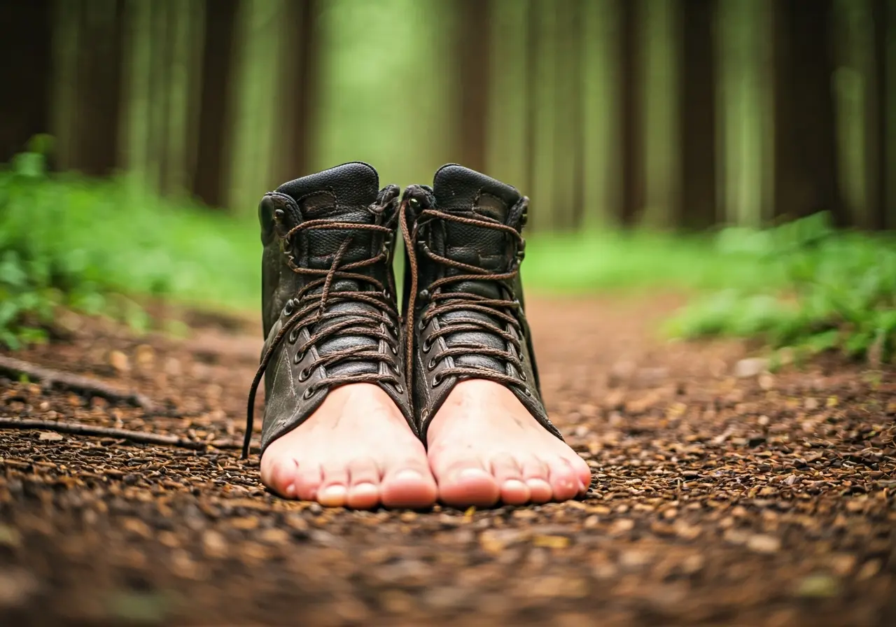 A pair of barefoot hiking boots on a forest trail. 35mm stock photo