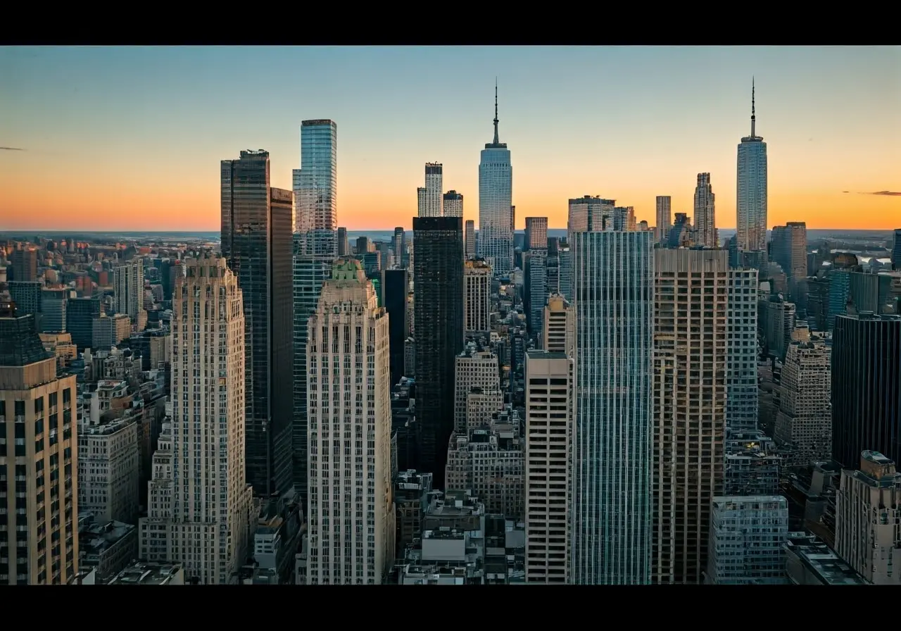 Aerial view of modern skyscrapers in Manhattan at sunset. 35mm stock photo