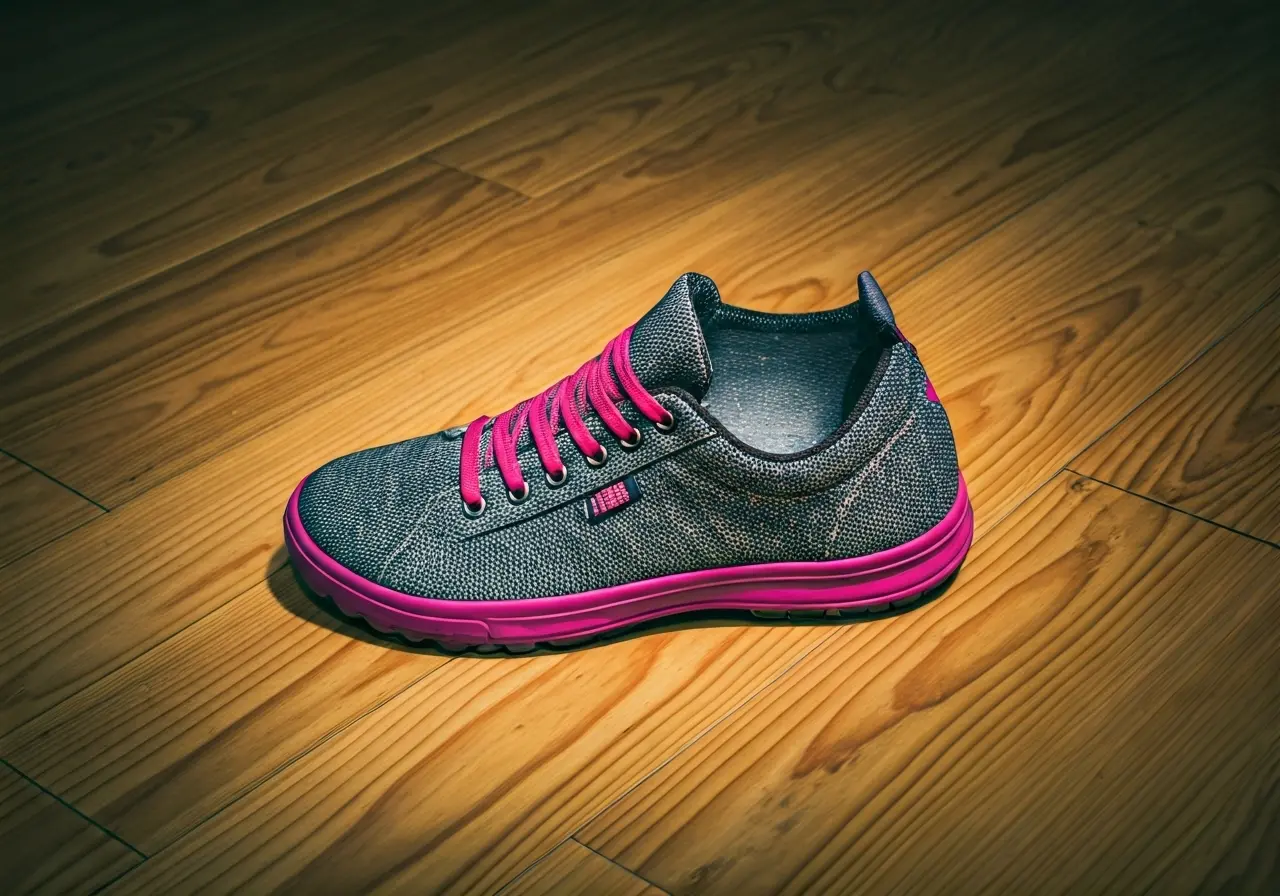 Close-up of colorful foot-shaped sneakers on a wooden floor. 35mm stock photo
