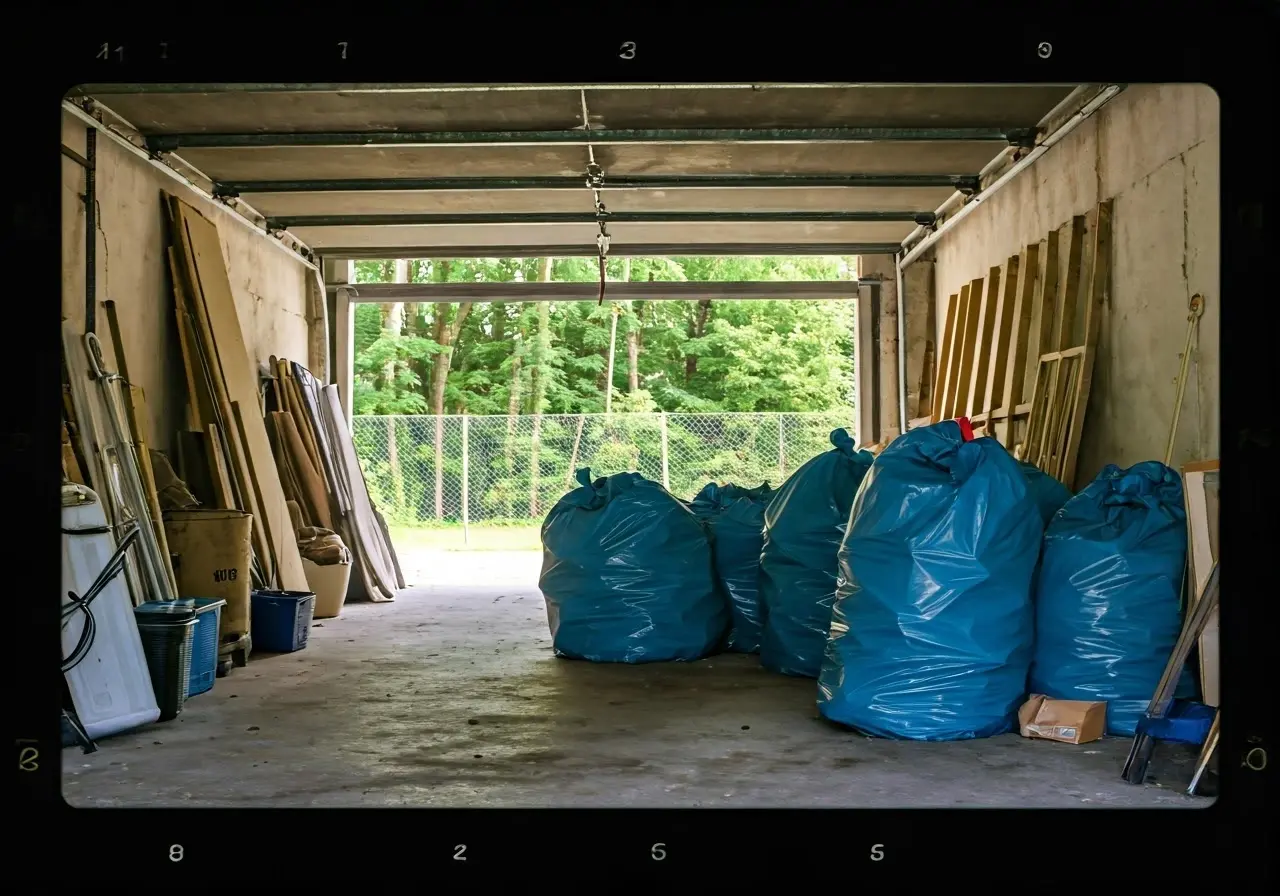 A cluttered garage with trash bags and discarded items. 35mm stock photo