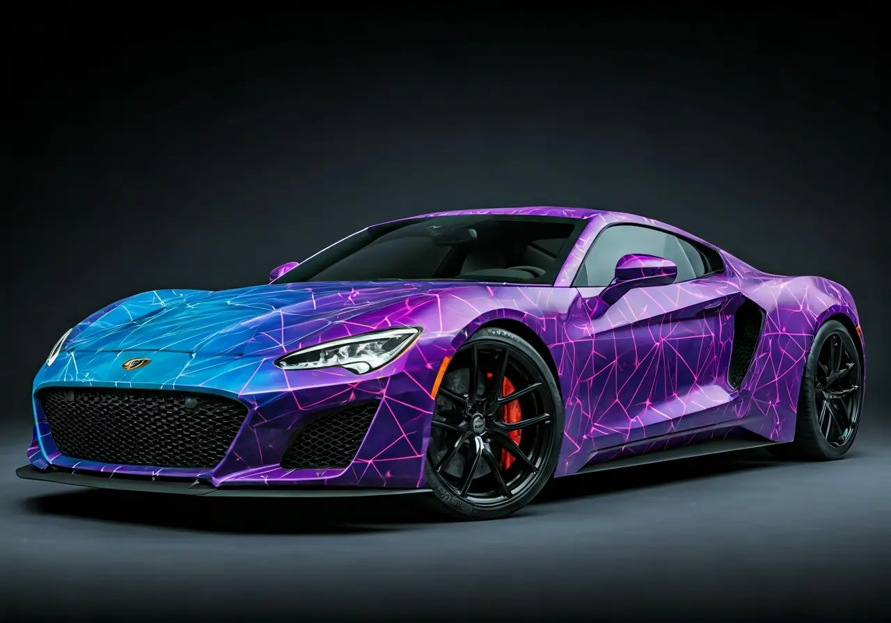 A vibrant sports car with a geometric neon wrap design. 35mm stock photo