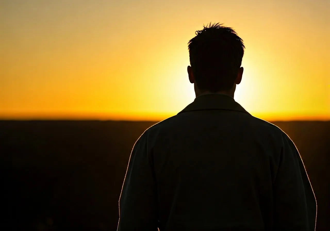 A silhouette of a leader looking at a sunrise horizon. 35mm stock photo