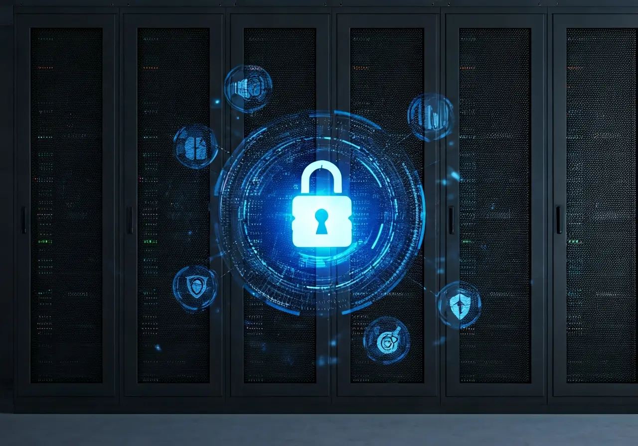 A secure server room with glowing cybersecurity icons overlay. 35mm stock photo