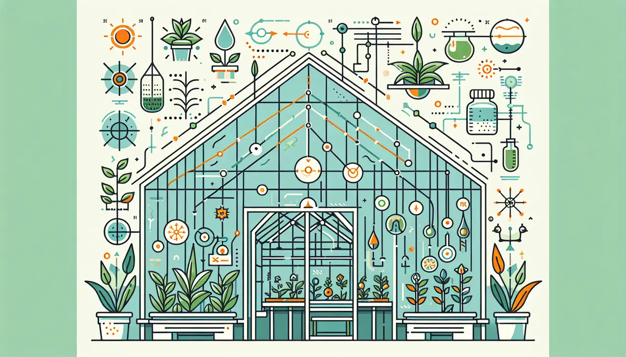 Draw a graphic in flat design style. A simplified, flat design illustration of a greenhouse with various plants inside, showing arrows and lines indicating growth patterns and environmental controls, ensuring a clean and uncluttered look.