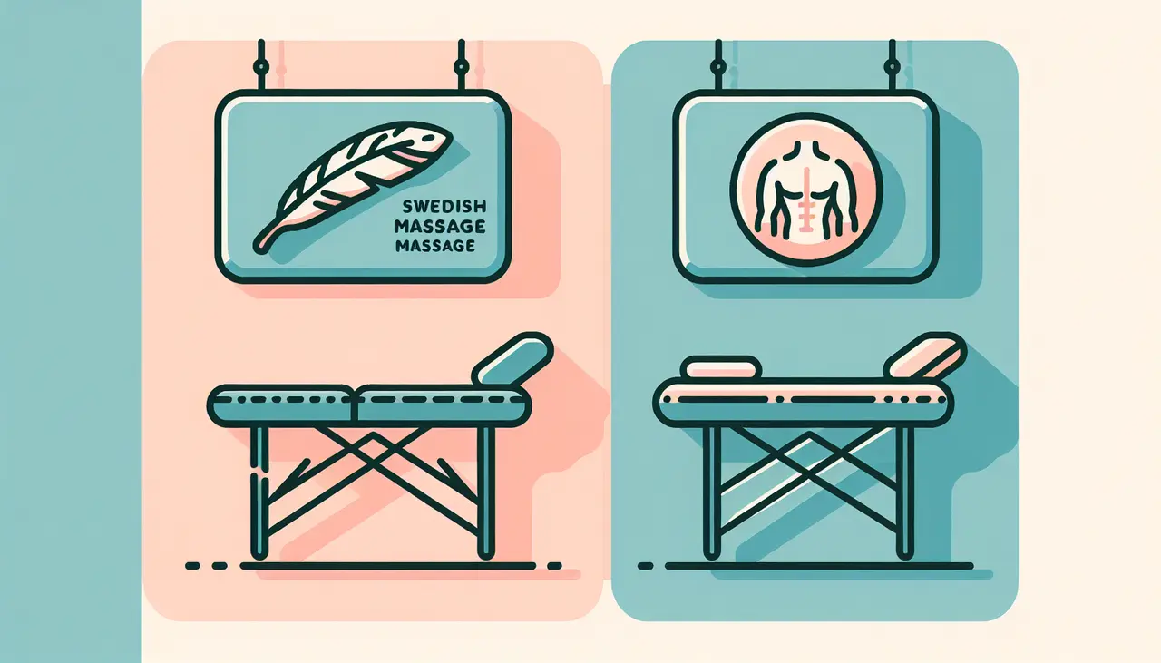 Draw a graphic in flat design style. An image showing two side-by-side massage tables with labeled signs: one for Swedish Massage featuring a feather icon, and the other for Deep Tissue Massage featuring a muscle icon, both on a calm, pastel background.