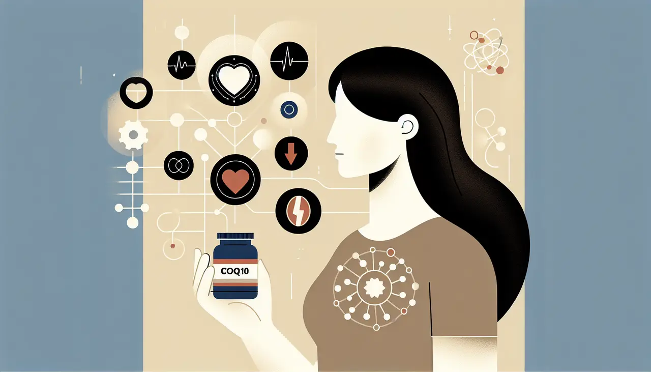 Draw a graphic in flat design style. A flat design illustration of a person holding a CoQ10 supplement bottle, surrounded by icons symbolizing heart health, energy, and cellular function, on a simple background.