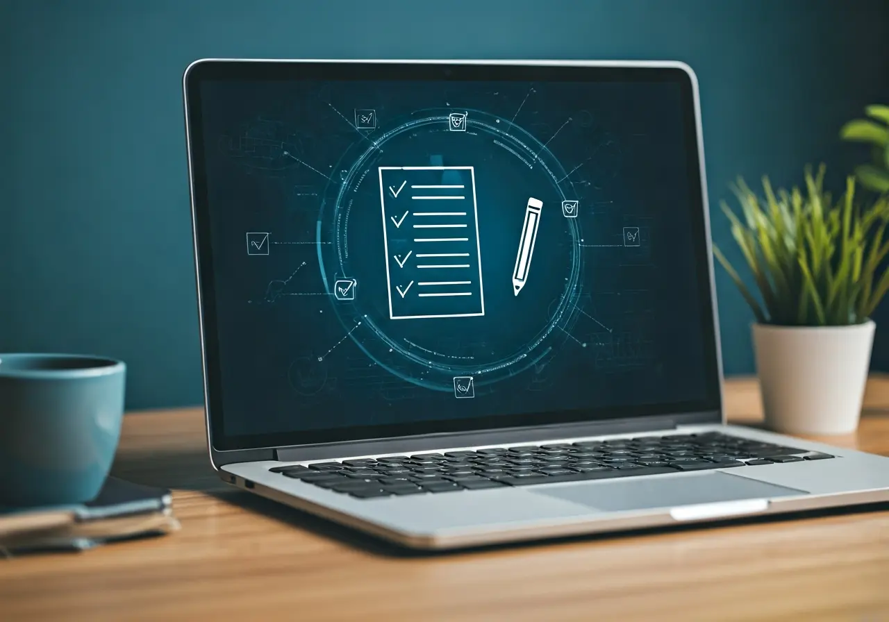 A laptop displaying a checklist and educational icons around it. 35mm stock photo