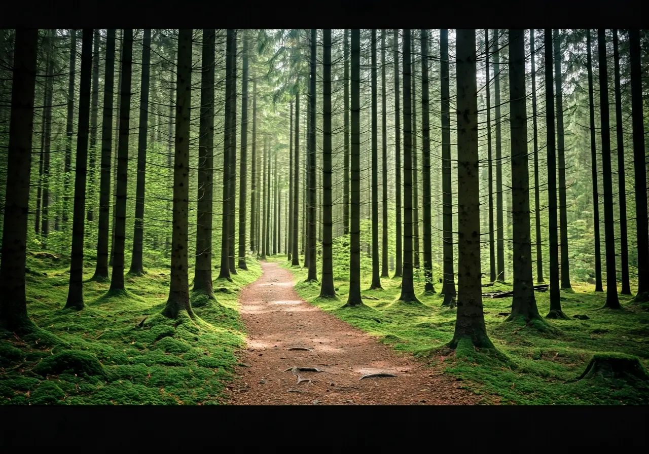 A serene nature scene with a winding forest trail. 35mm stock photo