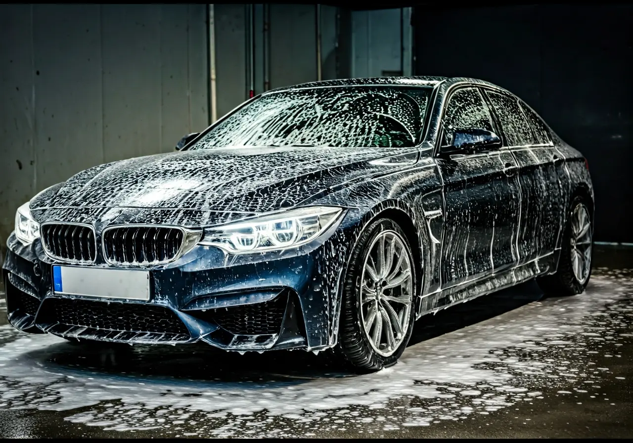 A sparkling car being meticulously washed with soap suds. 35mm stock photo