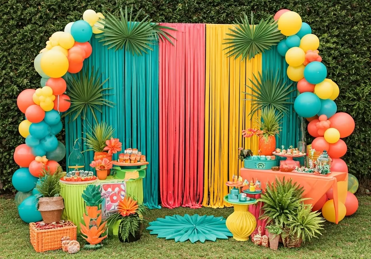 A vibrant, tropical-themed birthday party setup with colorful decorations. 35mm stock photo