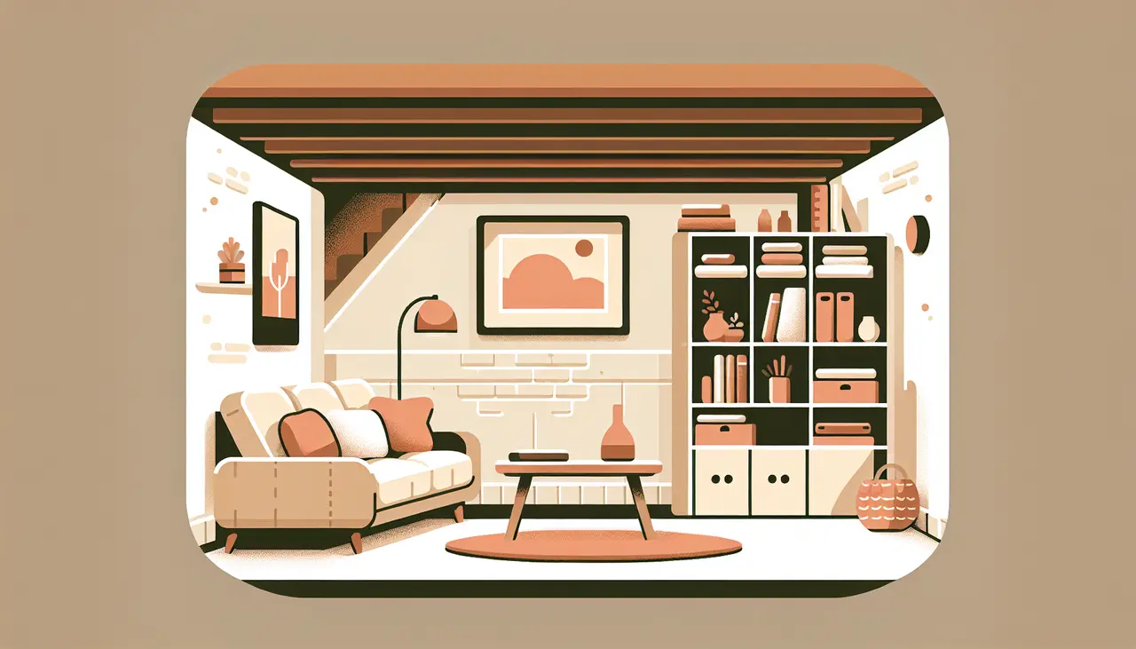 Draw a graphic in flat design style. A cozy, stylishly furnished basement with a sofa, bookshelf, and a soft rug in a minimalist flat design style.