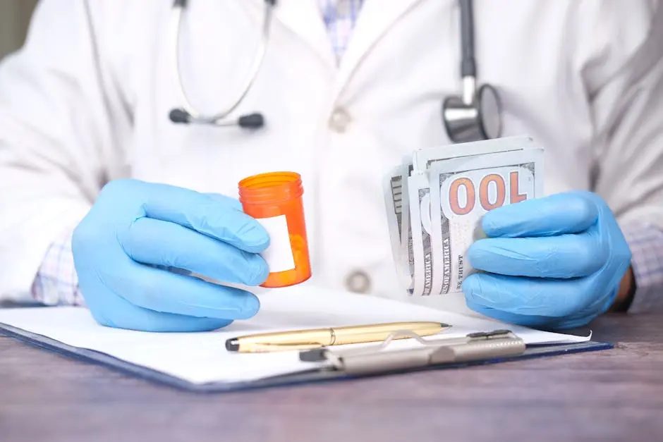 Doctor in gloves holding pill bottle and cash, highlighting medical expenses.