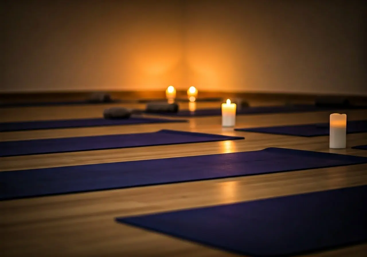 A serene yoga studio with mats and candles glowing softly. 35mm stock photo