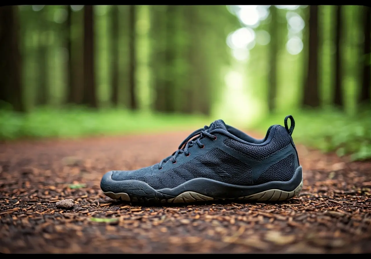A pair of barefoot trail shoes on a forest path. 35mm stock photo