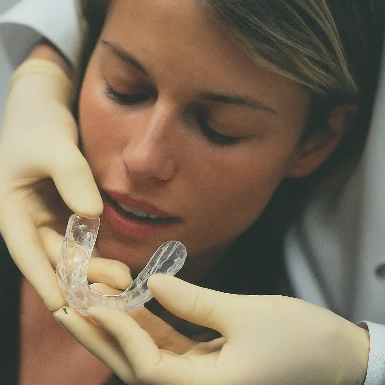 A dentist examining a dental night guard on a model. 35mm stock photo