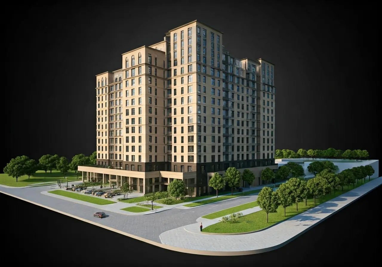 A 3D rendered architectural model of a modern residential building. 35mm stock photo