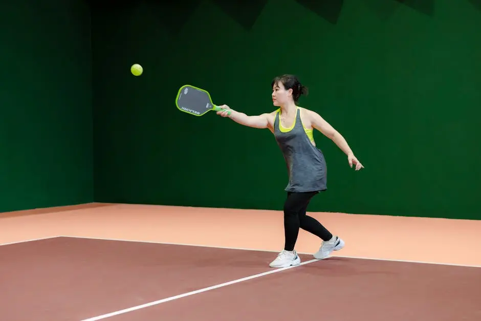 A woman engaging in pickleball on an indoor court, showcasing athletic skill and focus.