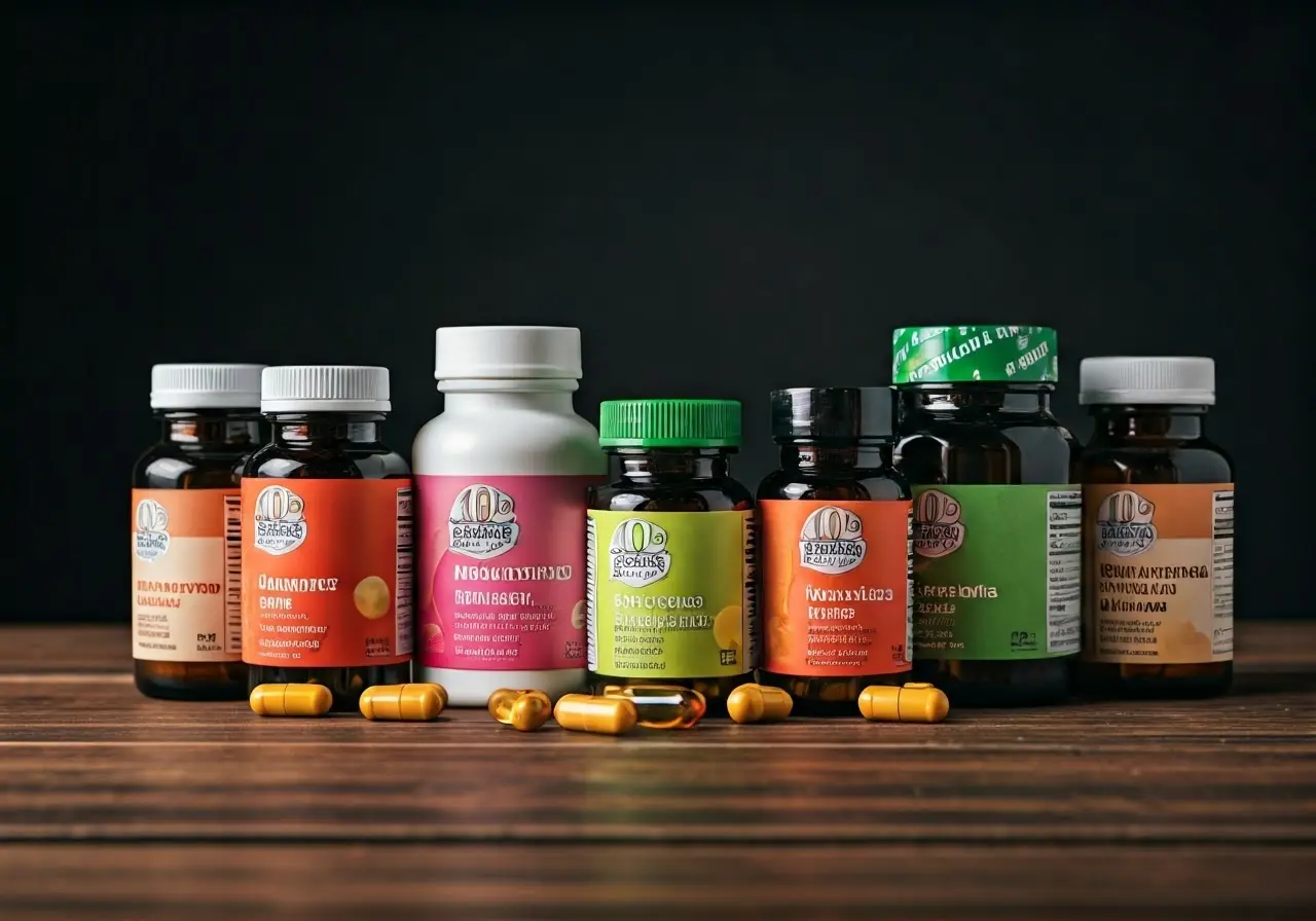 A vibrant, colorful array of natural supplement bottles displayed. 35mm stock photo