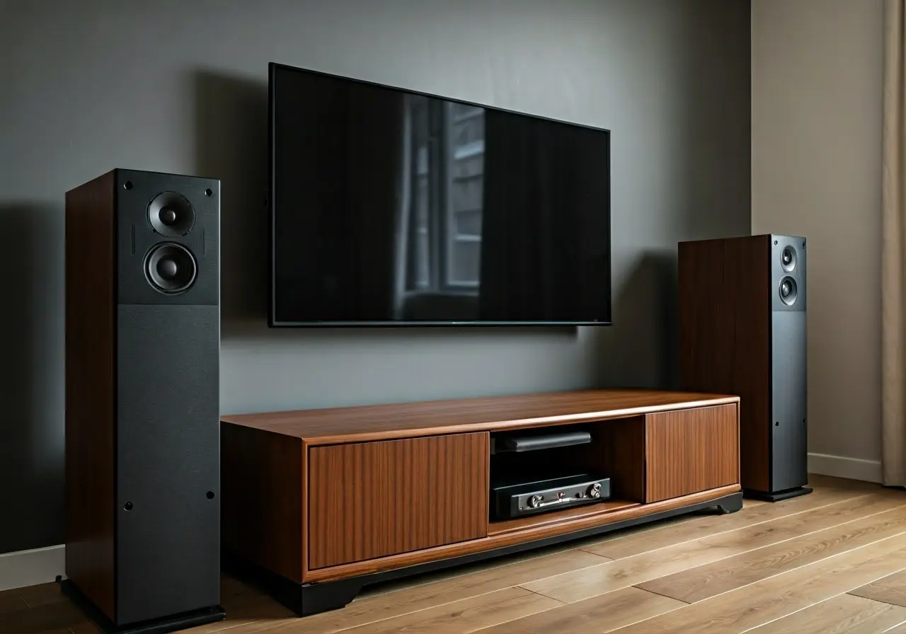 Wireless rear speakers complement sleek modern home theater setup. 35mm stock photo