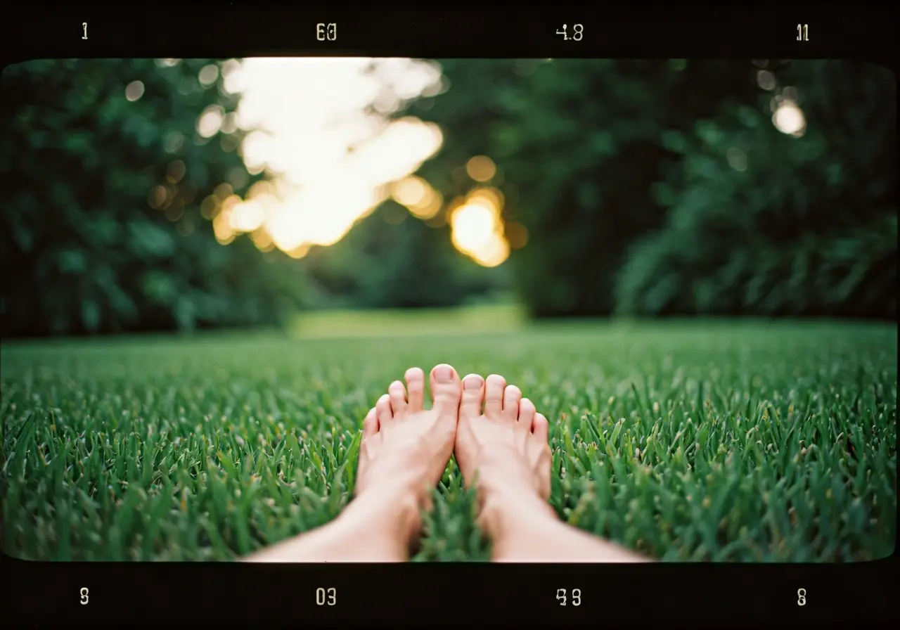 Bare feet on a grassy ground with lush surroundings. 35mm stock photo