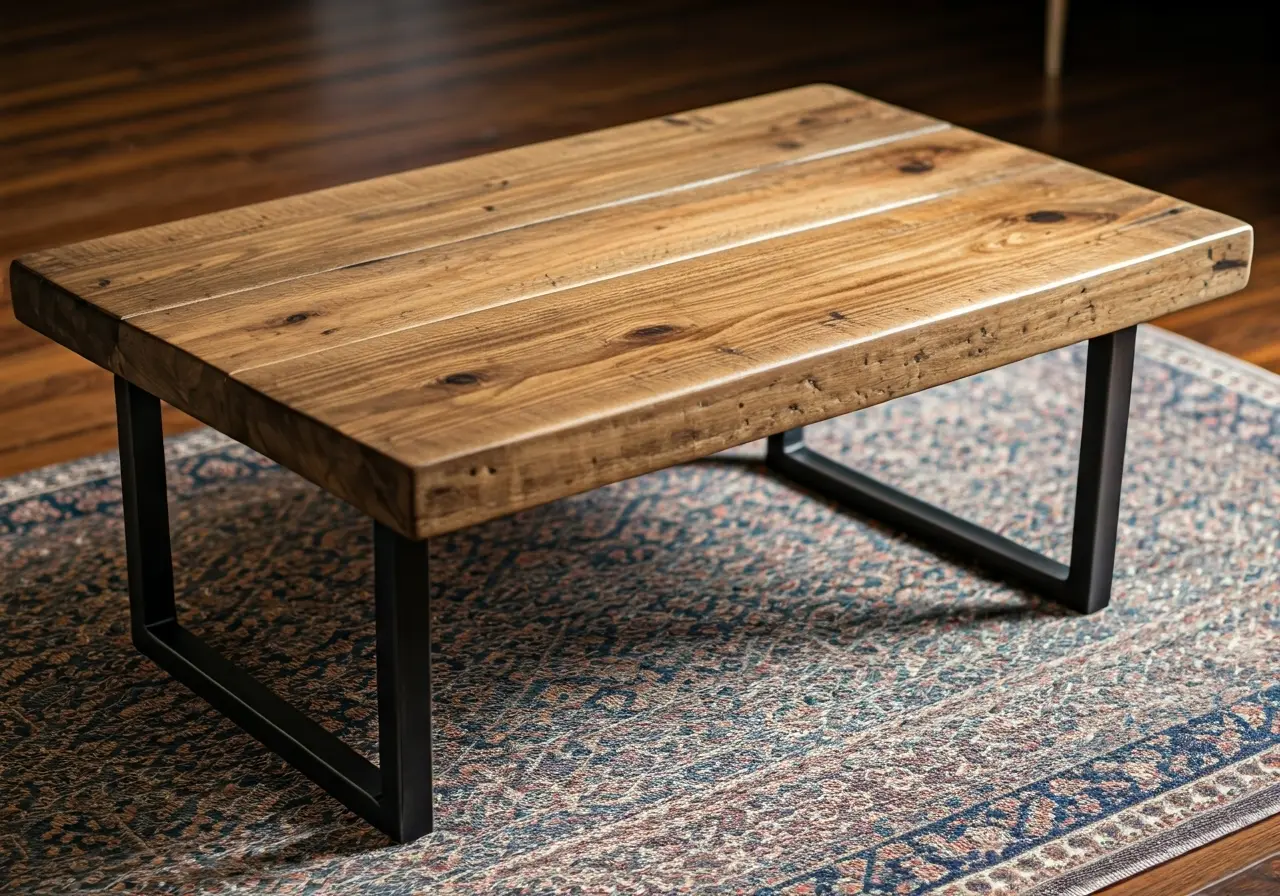 Rustic wooden coffee table with metal legs on a rug. 35mm stock photo