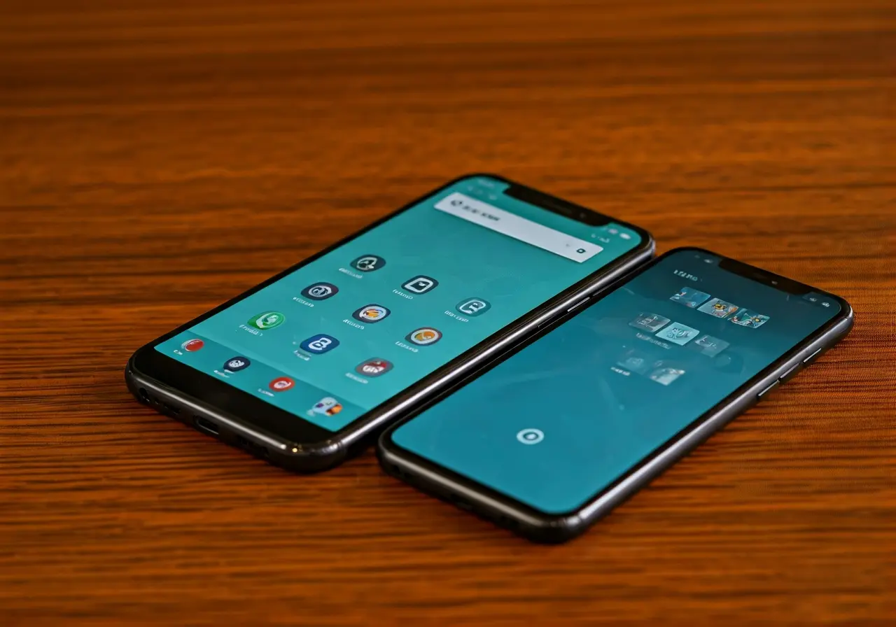 Two smartphones displaying different app interfaces on a wooden desk. 35mm stock photo