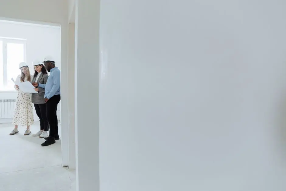 Architects wearing hard hats review blueprints inside a building under construction.