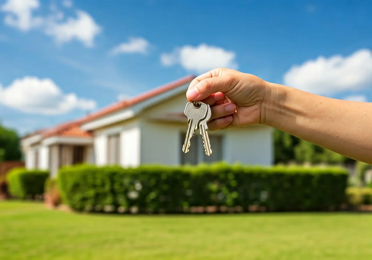 A hand holding keys in front of a house. 35mm stock photo