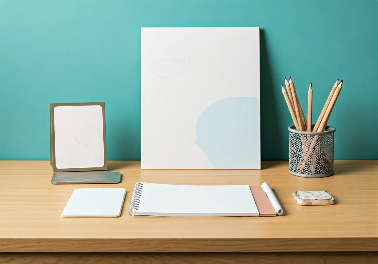 A neatly organized desk with personalized notepad and stationery. 35mm stock photo
