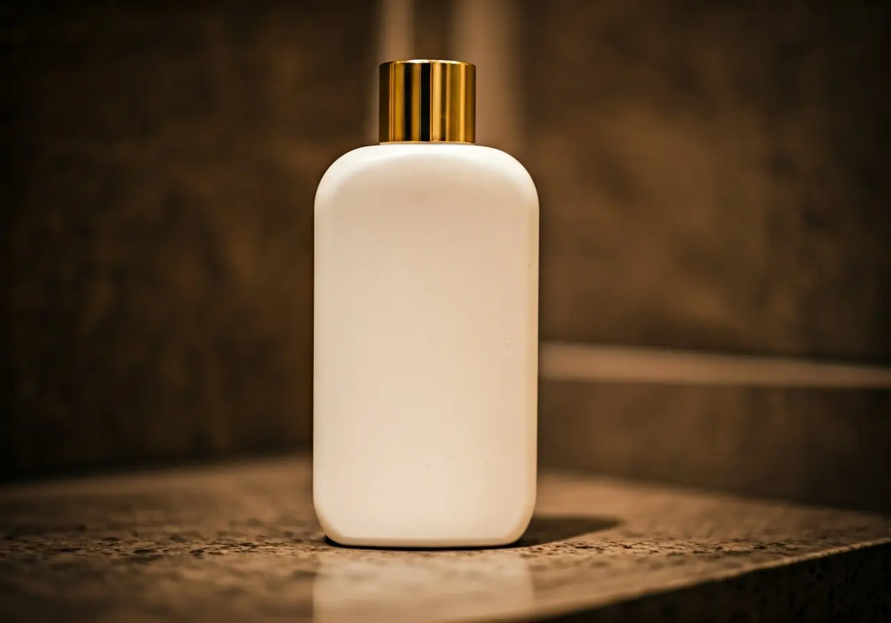 A bottle of body lotion on a bathroom counter. 35mm stock photo