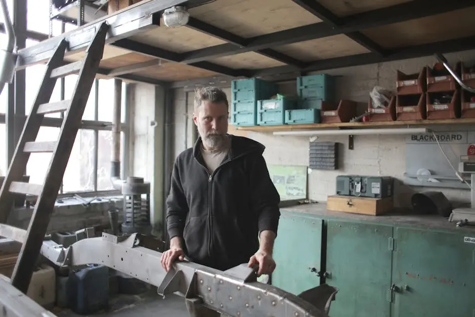 Bearded man working on metal piece in a rustic workshop setting.