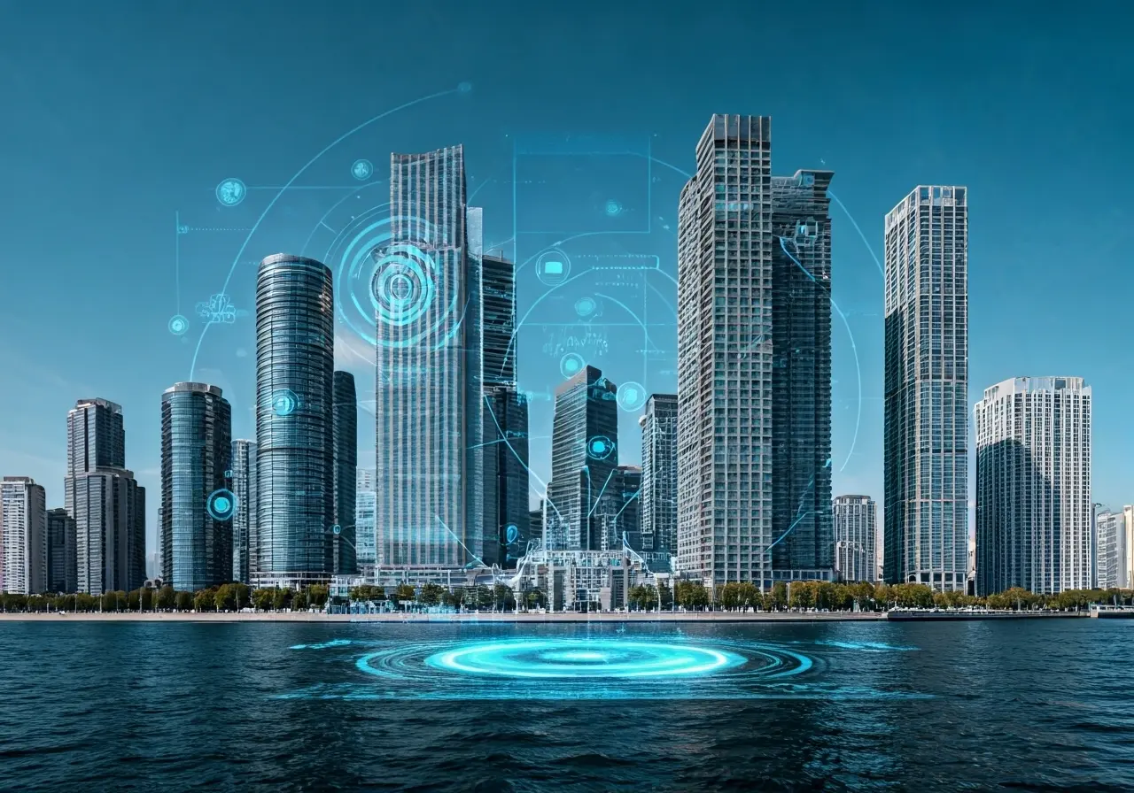 Futuristic skyline with smart building features and digital overlays. 35mm stock photo