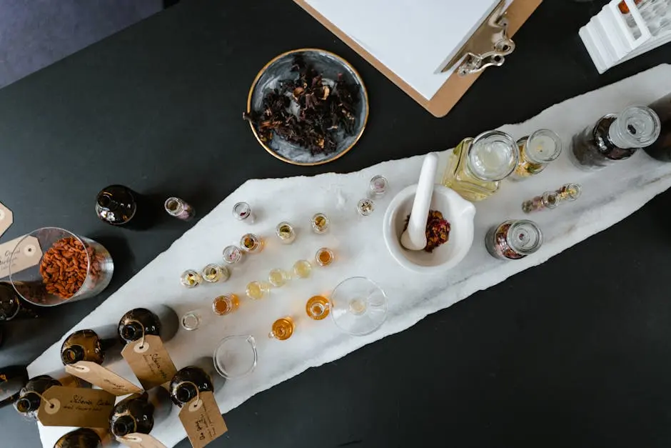 Overhead view of an aromatherapy setup with glass bottles and ingredients on a table.