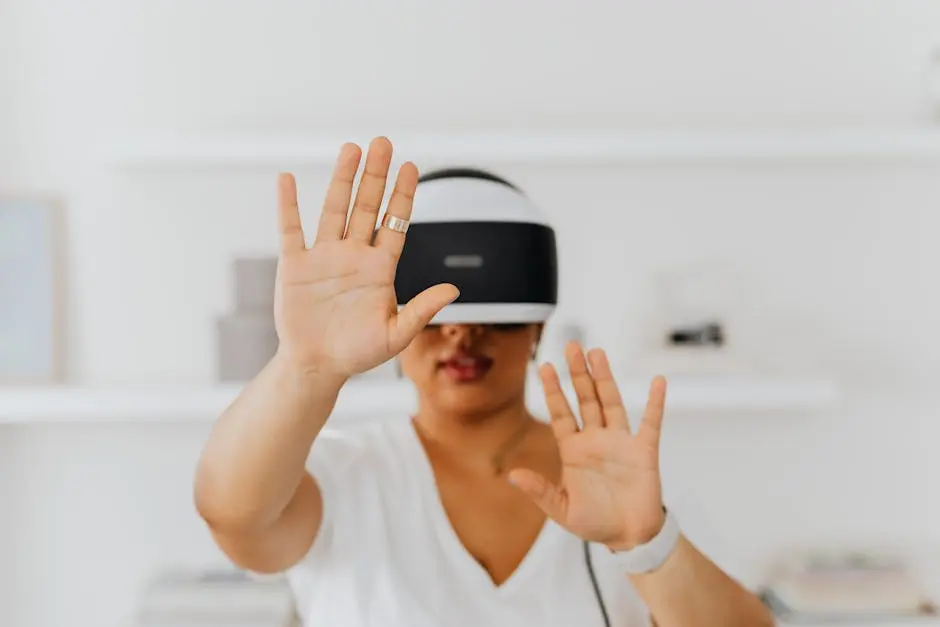 A woman interacts with virtual reality technology using a VR headset indoors.