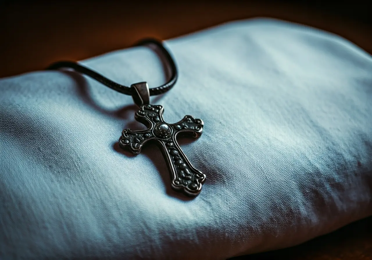 A cross-shaped pendant on a neatly folded white shirt. 35mm stock photo